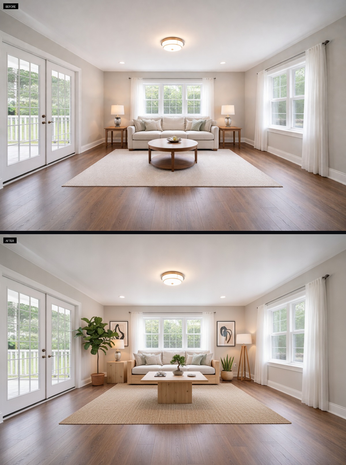 Natural oak warms a serene Japandi living room.