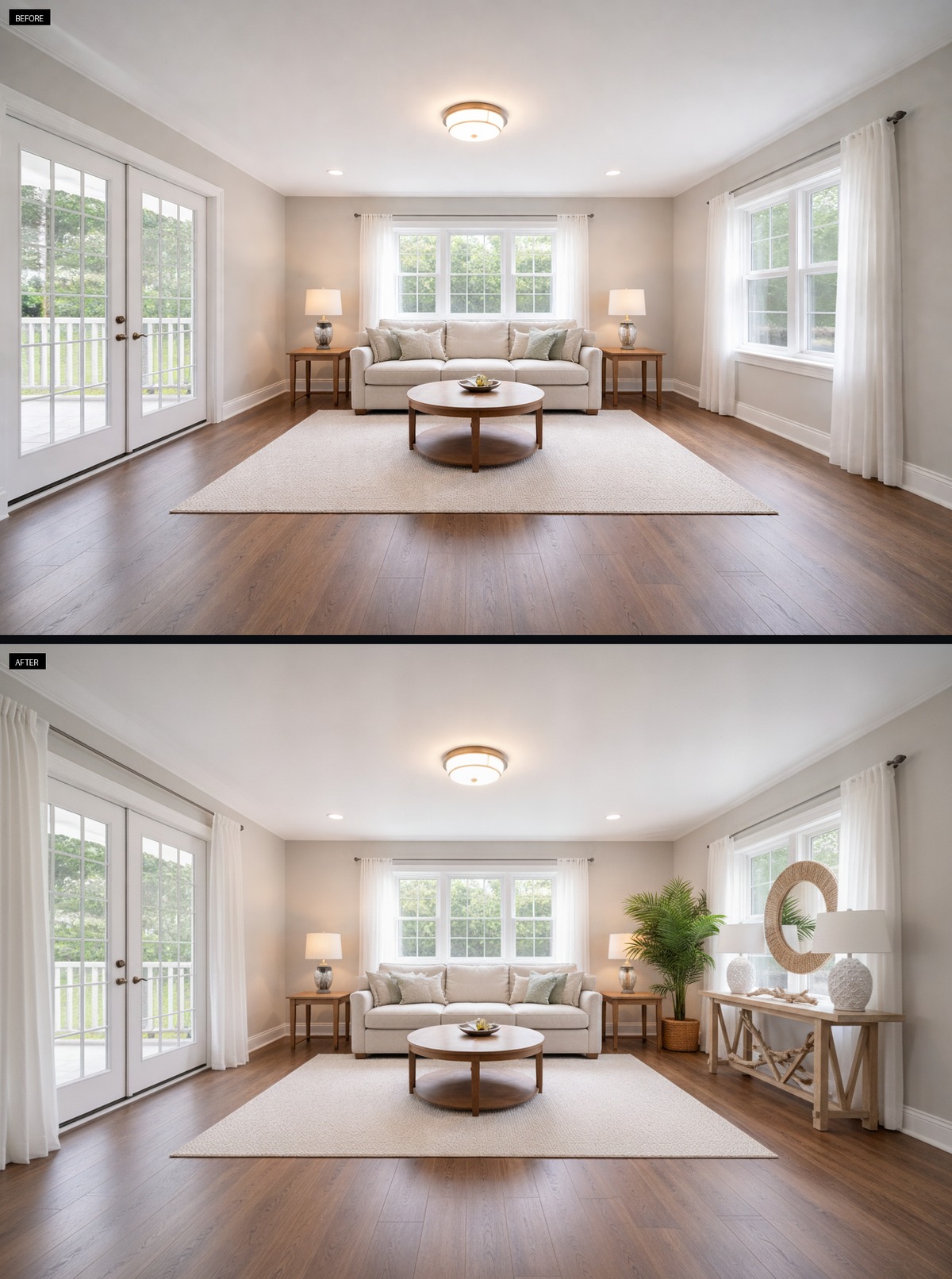 Flowing white curtains soften this coastal living room