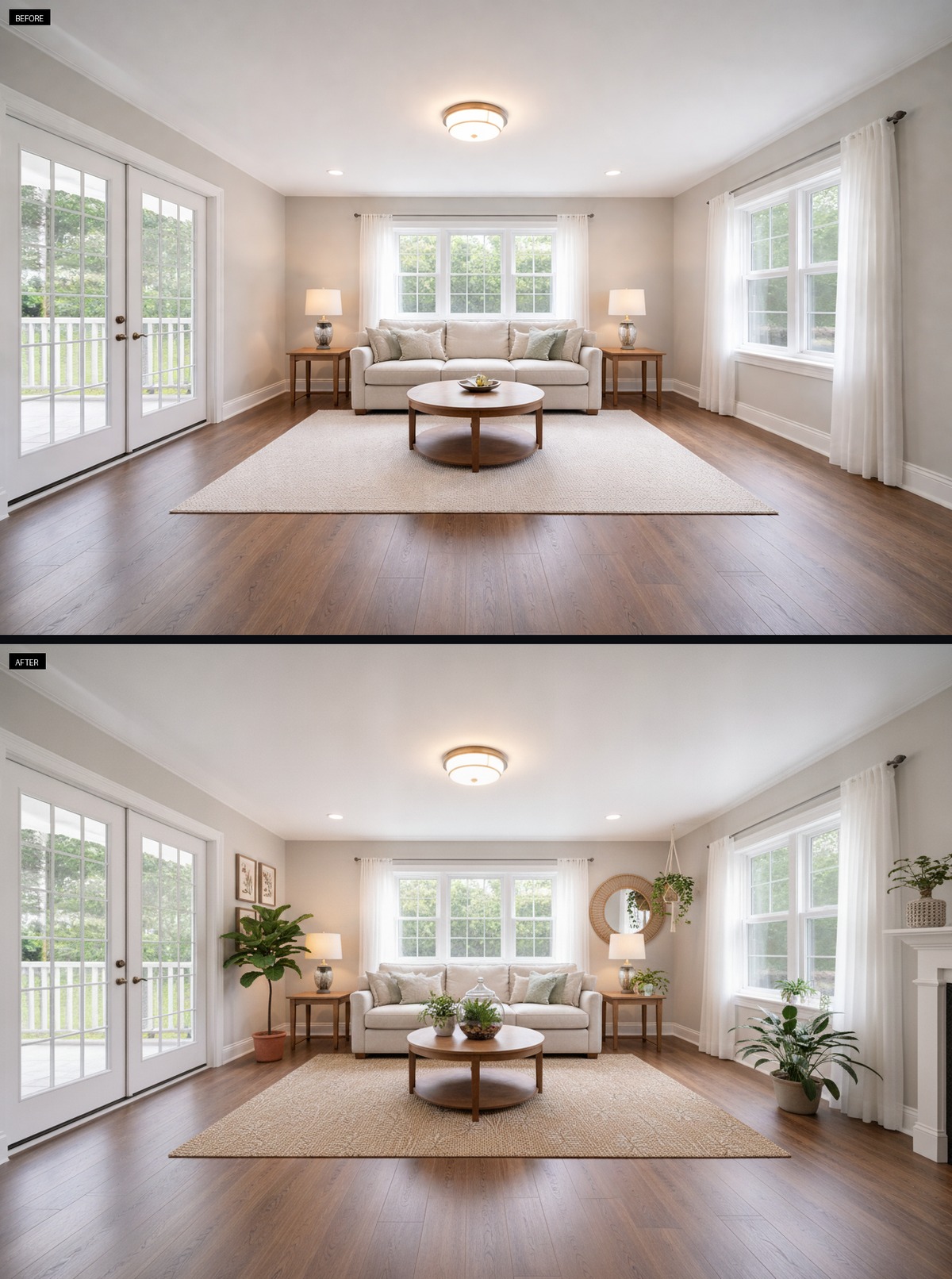 Lush trailing plants bring this living room to life