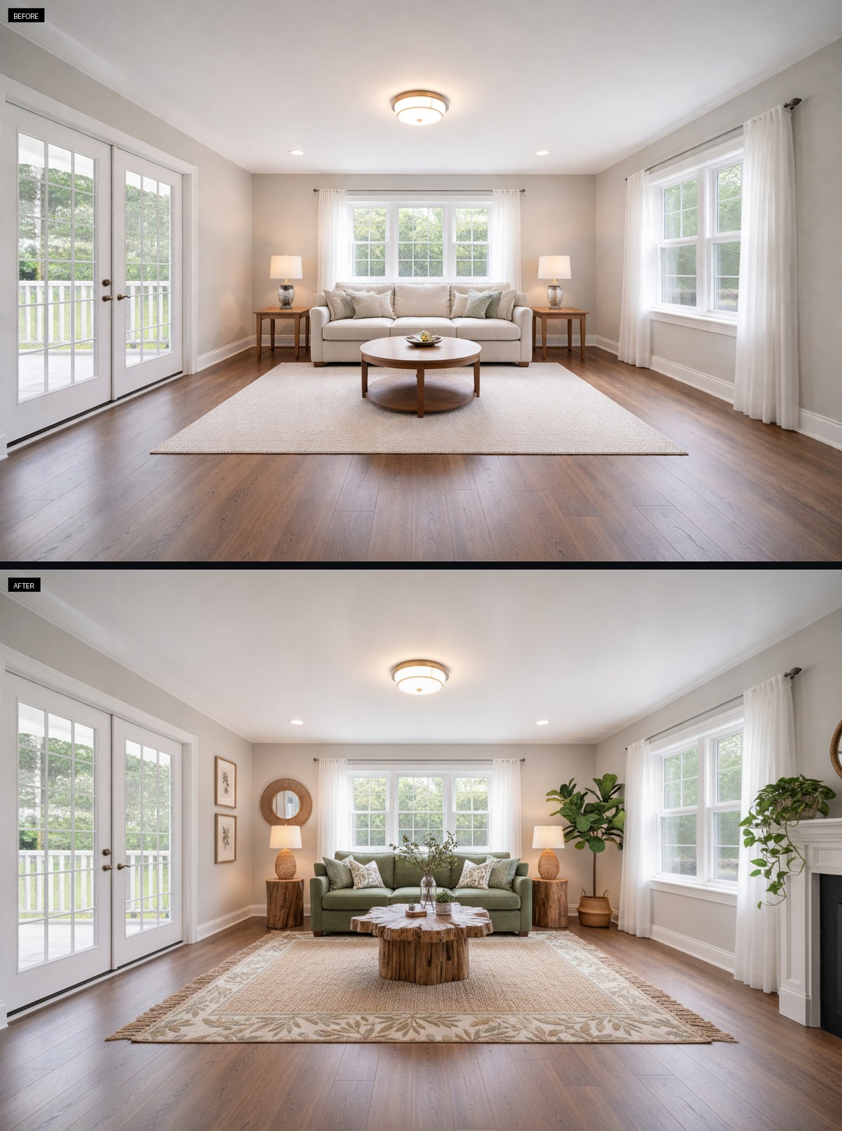 A rich green sofa grounds this warm living room