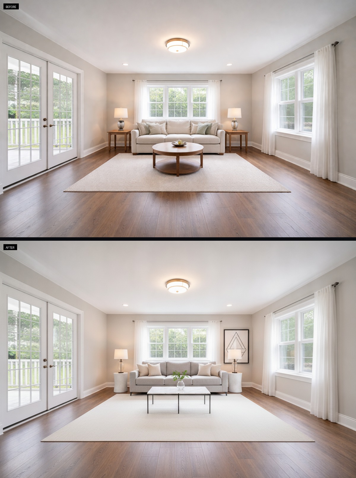Stone pedestals elevate this bright minimalist living room.