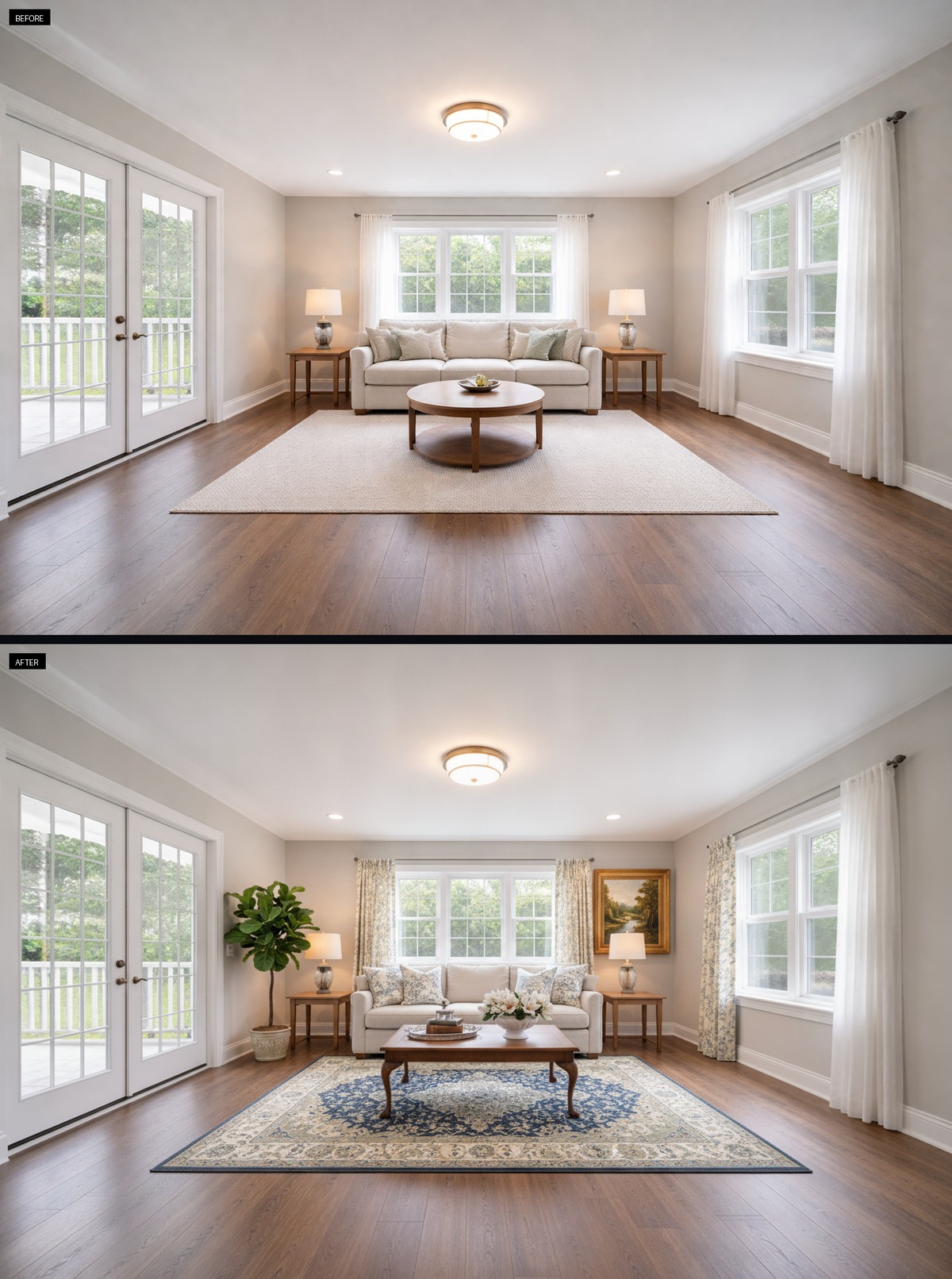 A traditional blue rug warms this Southern living room
