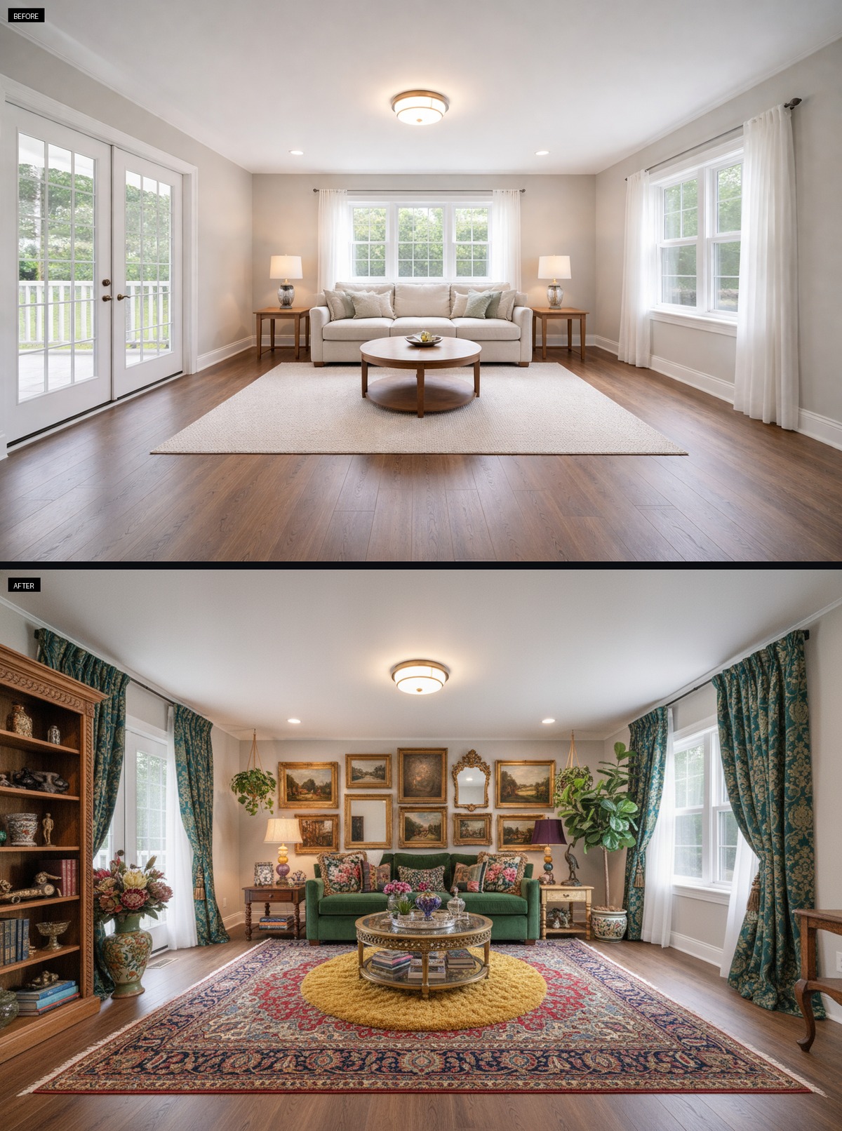 A deep green sofa anchors this maximalist living room