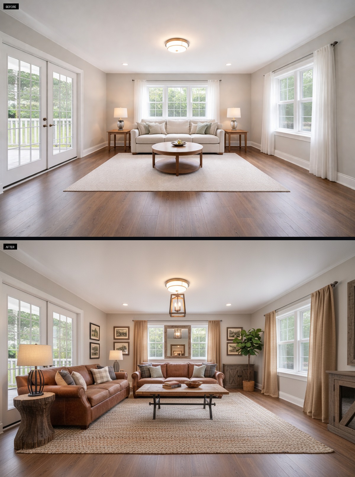 Caramel Leather Sectional Warms Up This Rustic Living Room