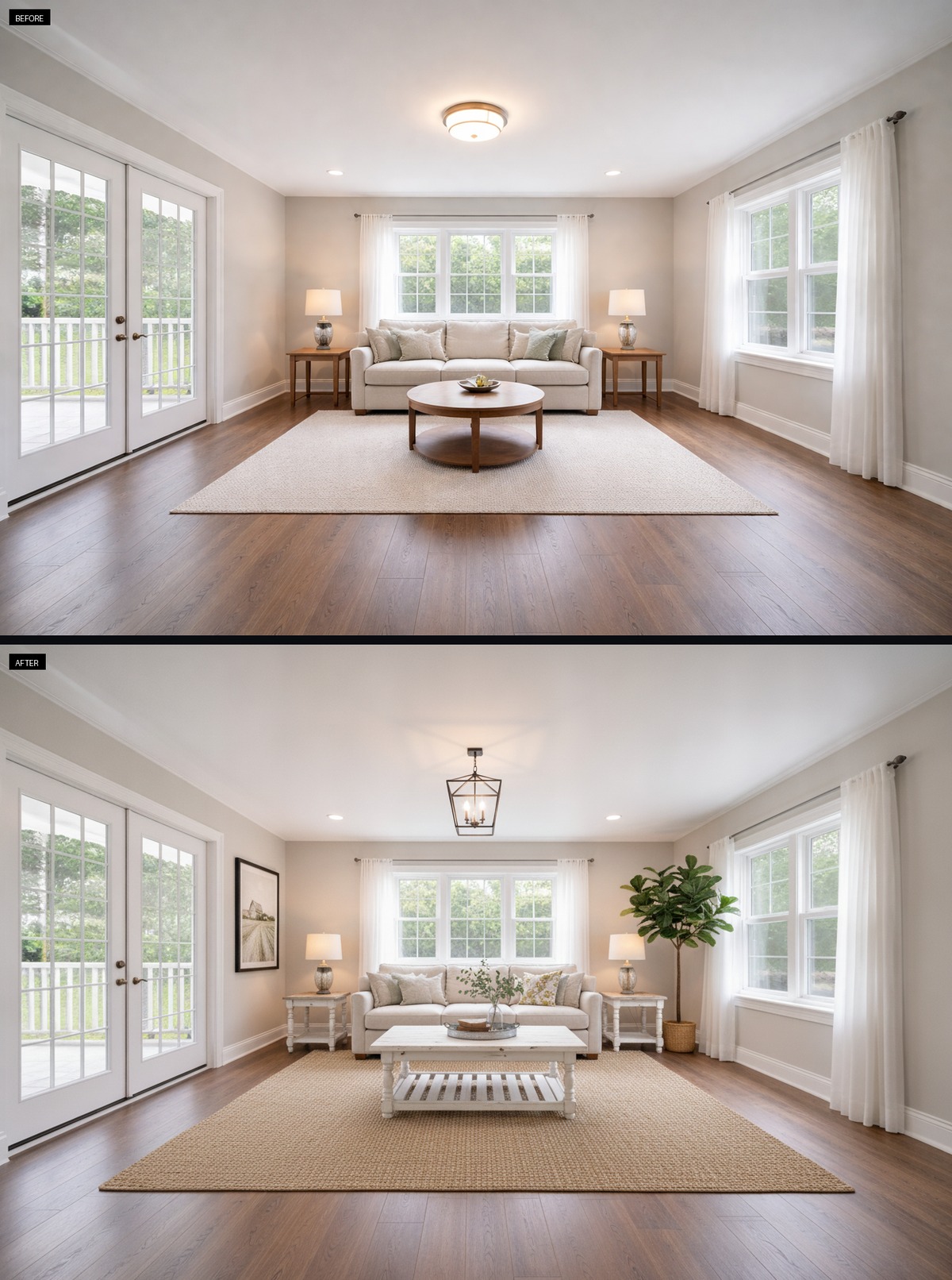 This Farmhouse Living Room Welcomes a Chunky Jute Rug