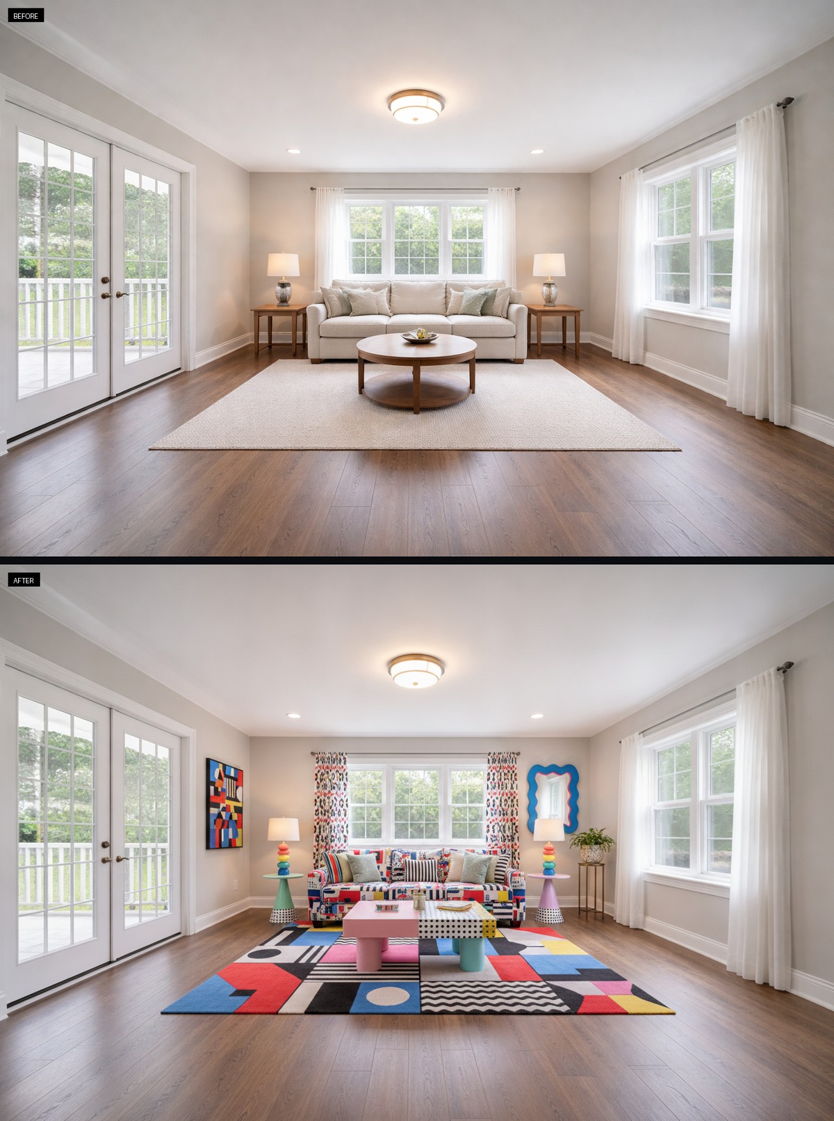 A bold patchwork sofa enlivens this Memphis living room