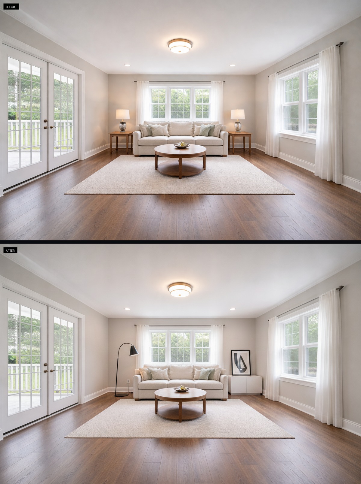 A sculptural floor lamp brightens this minimalist living room.