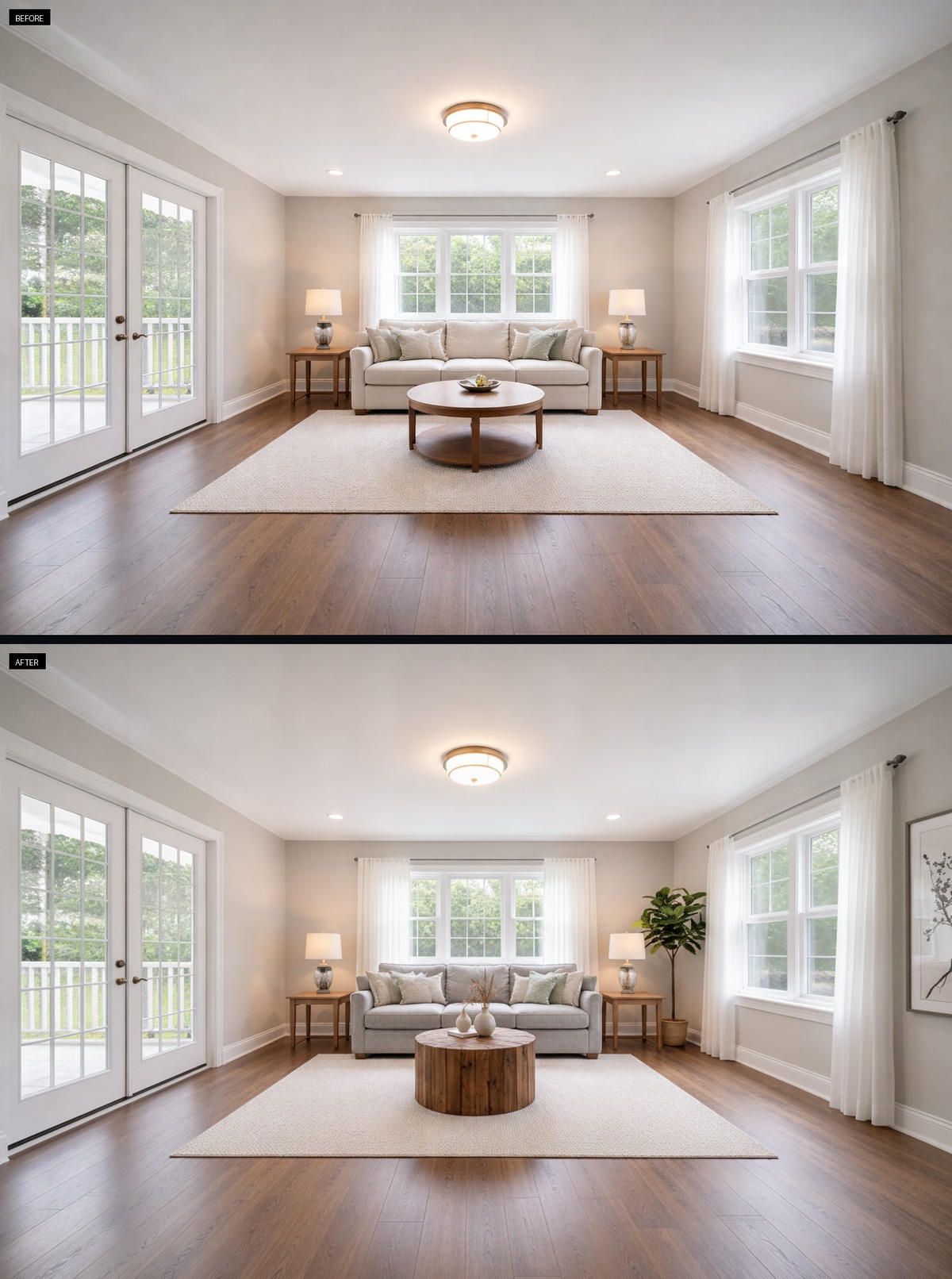 A gray sofa grounds this serene Japandi living room
