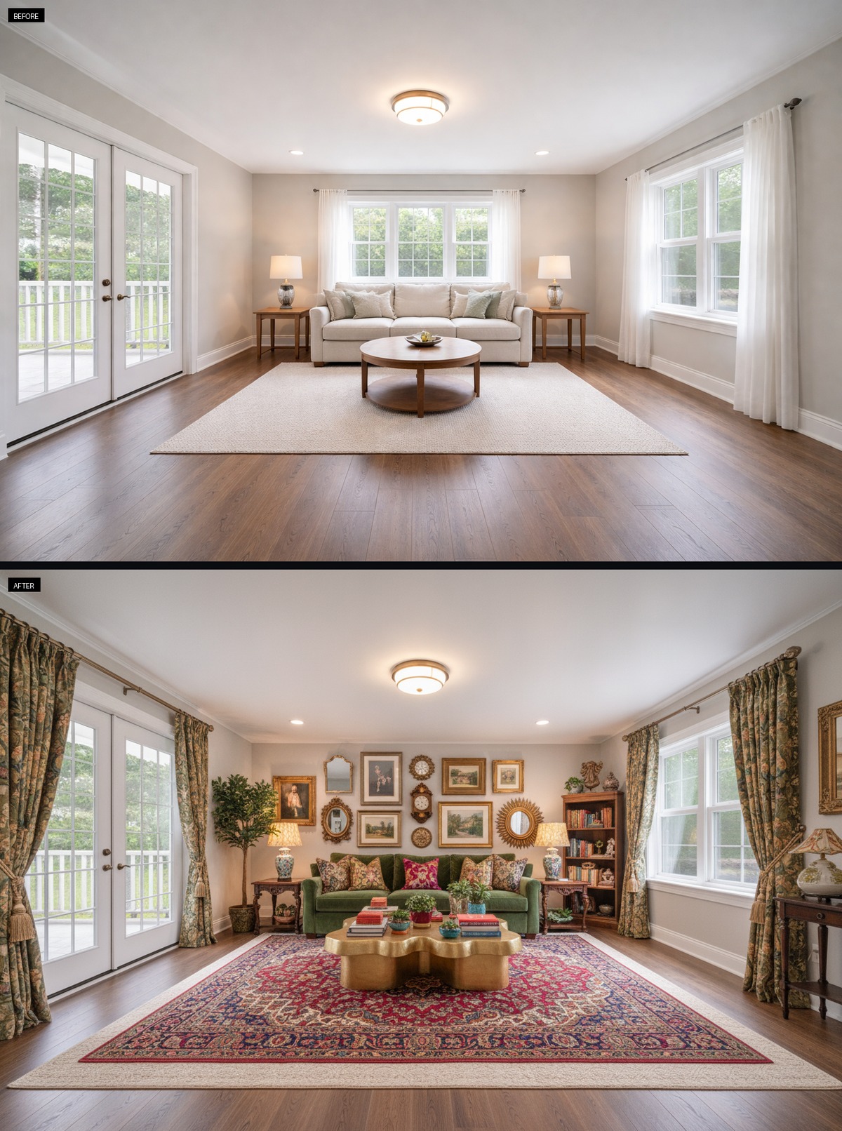 Green Velvet and Rich Patterns Bring Soul to a Living Room