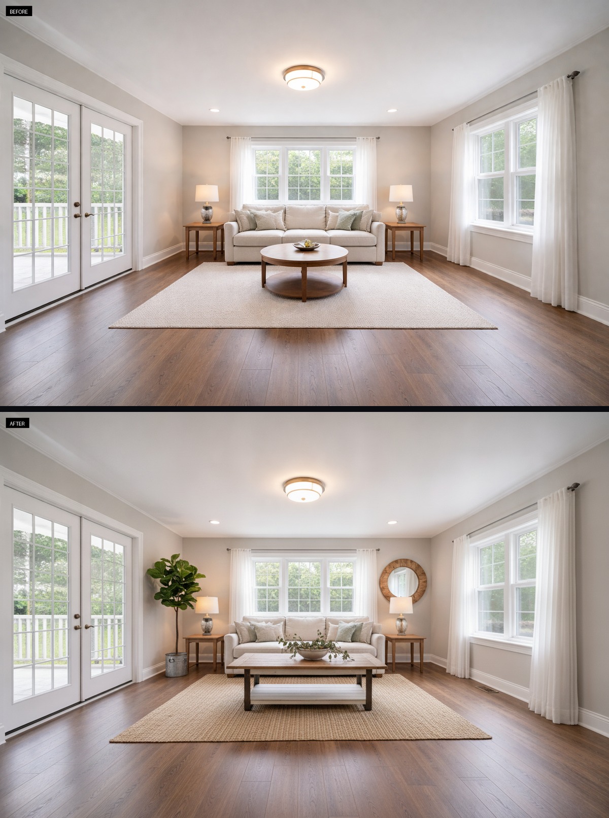 A Warm Jute Rug Grounds This Farmhouse Living Room