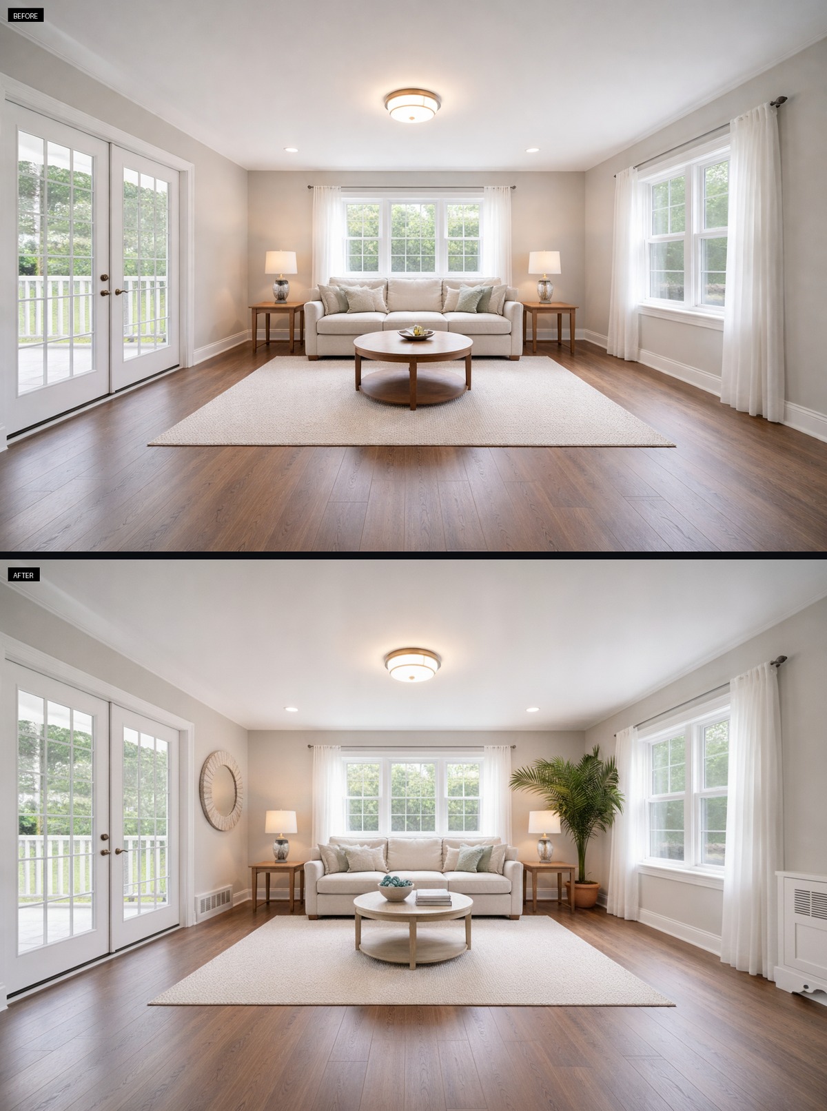 Warm Wood And Palms Soften A Bright Living Room