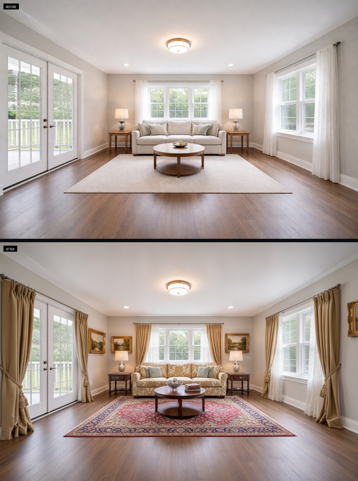 Soft White Drapes Brighten a Traditional Living Room