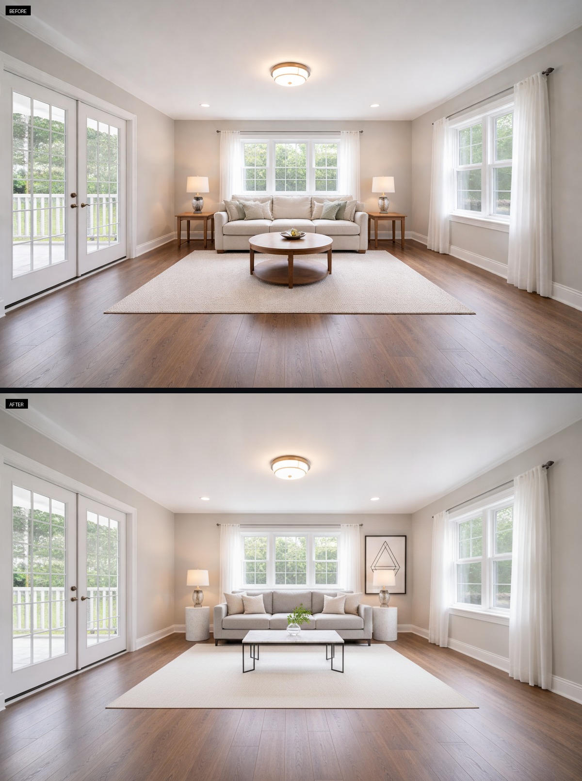 Sleek marble tables elevate this bright minimalist living room