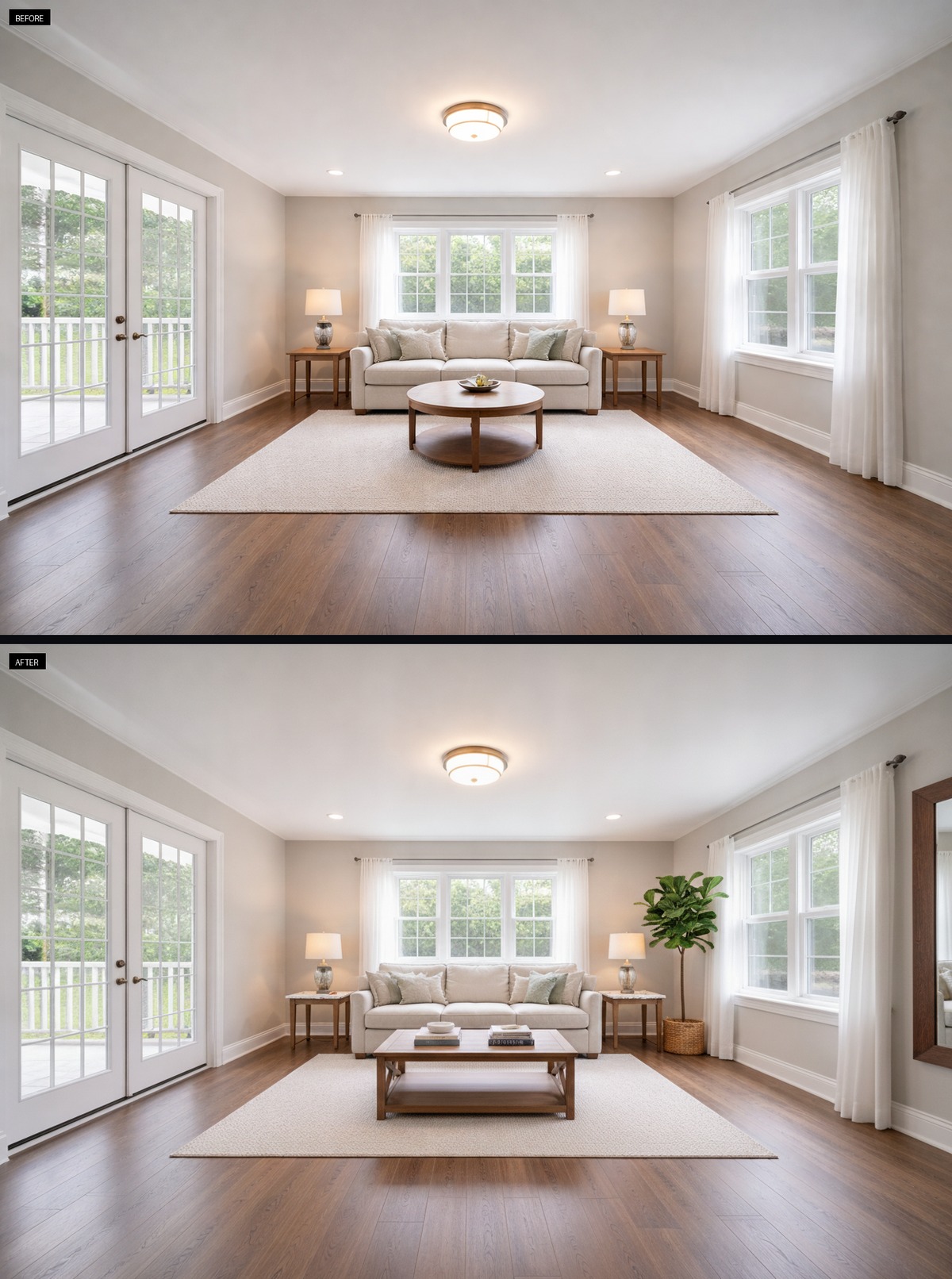 A Leaning Mirror Brightens This Cozy Living Room